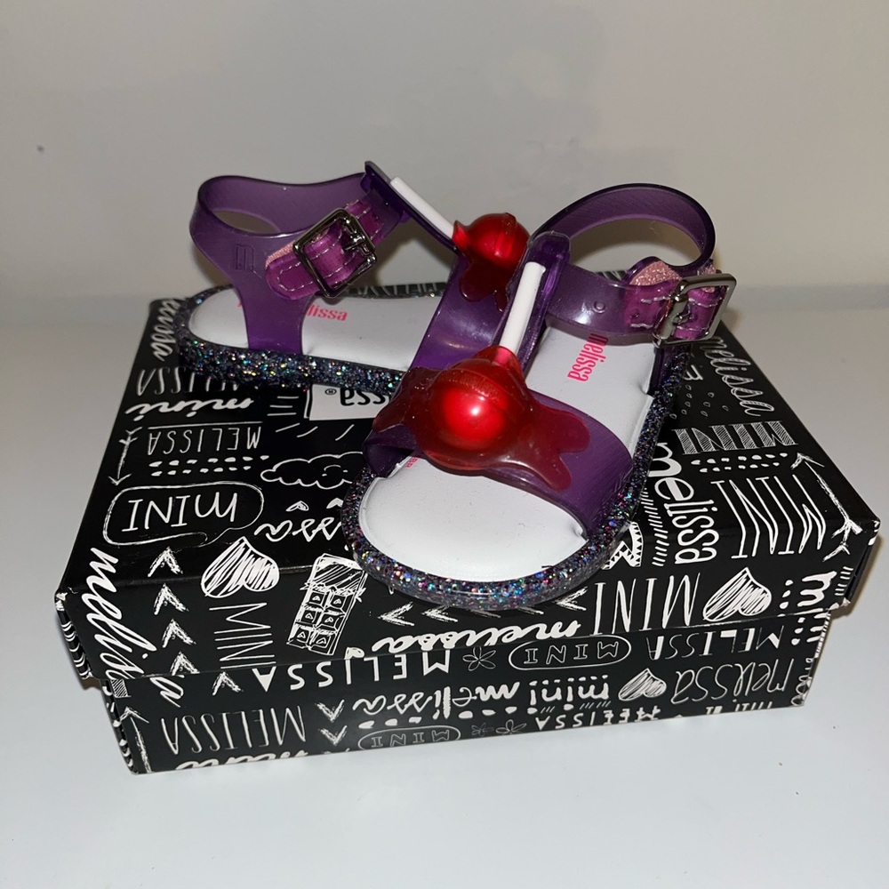 Mini Melissa Purple Sandals with Red Cherry Lollipop
